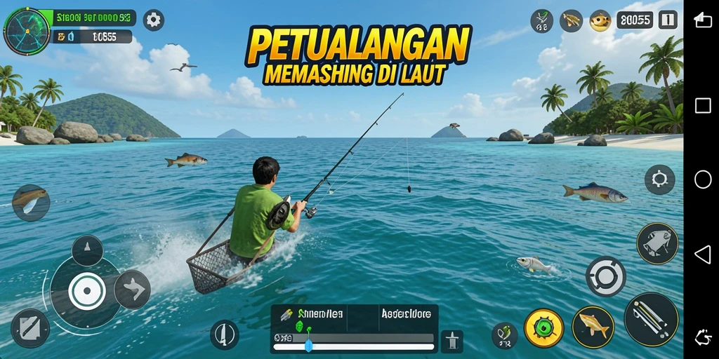 Screenshot gameplay 8055 yang menampilkan aksi memancing di laut.