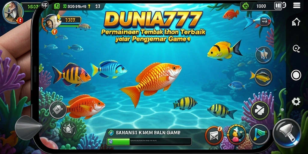 Tampilan gameplay seru DUNIA777 dengan berbagai ikan berwarna-warni.
