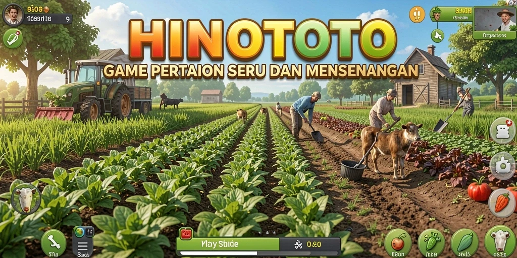 Screenshot HINOTOTO menunjukkan proses menanam dan memanen tanaman yang beragam.