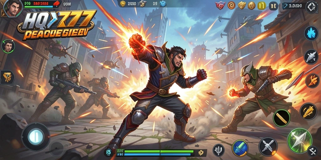 Screenshot gameplay HQ777 menunjukkan aksi pertempuran yang mendebarkan.
