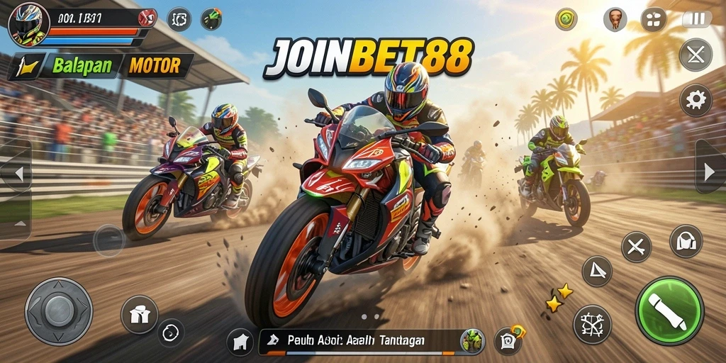 Tangkapan layar gameplay JOINBET88 menampilkan balapan motor seru dengan grafik yang memukau.