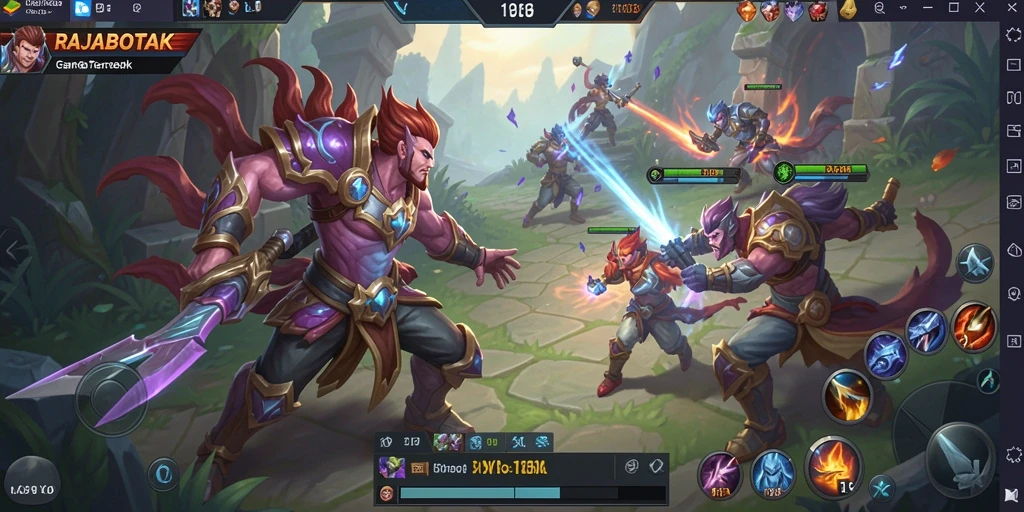 Screenshot gameplay RAJABOTAK yang menunjukkan pertarungan tim yang intens.
