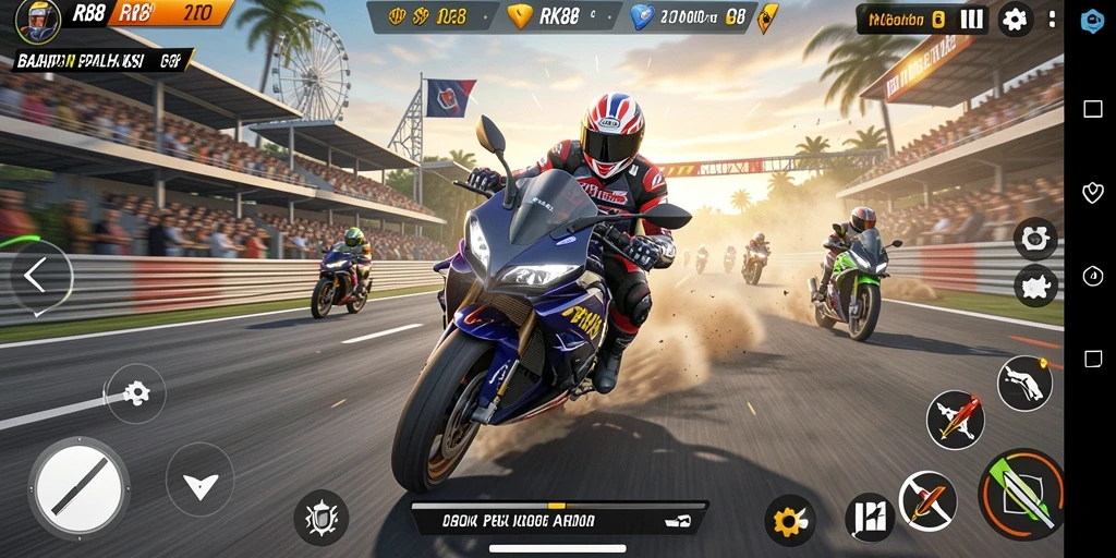 Tampilan utama gameplay RK88 yang menampilkan balapan motor seru dan menegangkan.
